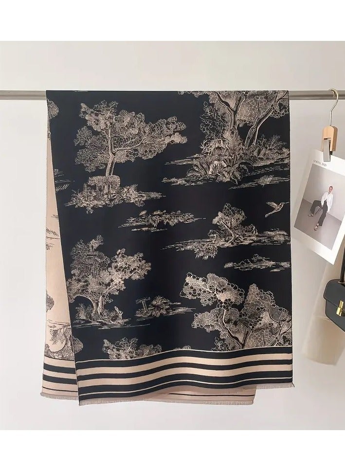Boho Reversible Kashmiri Women's Scarf, Soft Kashmir-Cotton Blend Tree Pattern Shawl, Winter/Autumn Wind-Resistant Fringed Scarf, Black/Beige, 185x65 cm - Image 4