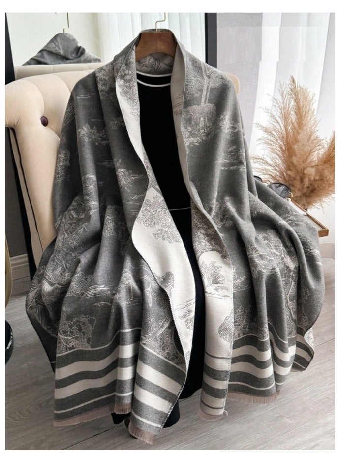 Boho Reversible Kashmiri Women's Scarf, Soft Kashmir-Cotton Blend Tree Pattern Shawl, Winter/Autumn Wind-Resistant Fringed Scarf, Black/Beige, 185x65 cm - Image 5