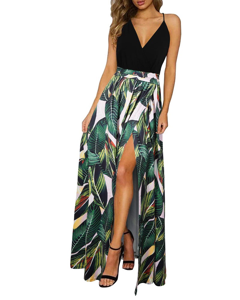 Newshows Summer Outfits Dresses for Women 2025 Beach Vacation Clothes Spaghetti Strap Casual Fall Wedding Guests Country Concert Outfits Long Elegant Classy Flowy Sundress(Black Floral Leaf, M) - Image 1