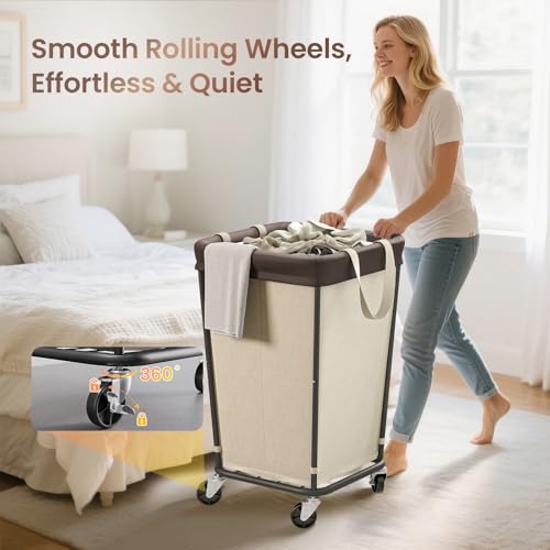 Wawocs 160L Laundry Basket with Wheels 2section Rolling Laundry Basket Large Laundry Hamper with Wheels Rolling Laundry Hamper Clothes Hamper for Home Bathrooms and DormBeige - Image 3
