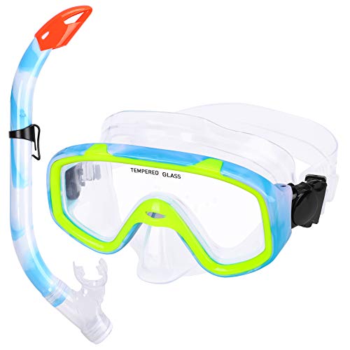 KUYOU Kids Snorkel Set, Children Anti-Fog Diving Mask Swimming Goggles Full Dry Top Snorkel Equipment Snorkeling Packages Swimming Gear for Youth Boys Girls Age 5-10 (Blue Yellow) - Image 1