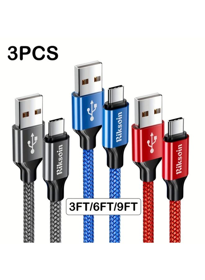كابل USB C بإصدار 3 عبوات، بطول 3 أقدام، شحن سريع 3 أمبير، سلك مضفر بنايلون، شاحن من USB A إلى Type C - Image 1