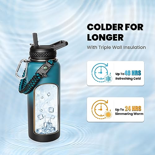 RAYMYLO Insulated Water Bottle 32 oz, Triple Wall Vacuum Stainless Steel (Cold for 48 Hrs, Hot for 24Hrs), Leak Proof & Non-BPA, 32oz Hydro Water Flask with Paracord Handle & Straw Spout Lids - Image 2