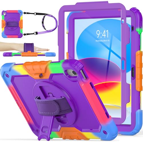 SEYMAC stock Case for iPad (A16) 11th/10th Generation 11''/10.9'' 2025/2022, Full-Body Drop Protection Case with Screen Protector &360° Rotate Hand Strap/Stand, Purple+Colorful - Image 1