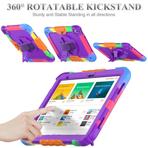 SEYMAC stock Case for iPad (A16) 11th/10th Generation 11''/10.9'' 2025/2022, Full-Body Drop Protection Case with Screen Protector &360° Rotate Hand Strap/Stand, Purple+Colorful - Image 3