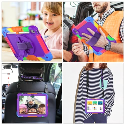 SEYMAC stock Case for iPad (A16) 11th/10th Generation 11''/10.9'' 2025/2022, Full-Body Drop Protection Case with Screen Protector &360° Rotate Hand Strap/Stand, Purple+Colorful - Image 4