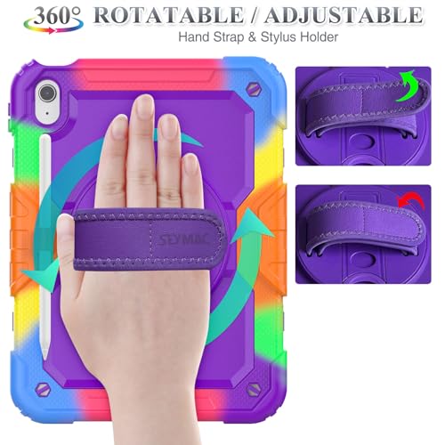 SEYMAC stock Case for iPad (A16) 11th/10th Generation 11''/10.9'' 2025/2022, Full-Body Drop Protection Case with Screen Protector &360° Rotate Hand Strap/Stand, Purple+Colorful - Image 2