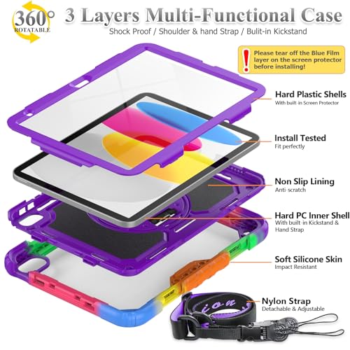SEYMAC stock Case for iPad (A16) 11th/10th Generation 11''/10.9'' 2025/2022, Full-Body Drop Protection Case with Screen Protector &360° Rotate Hand Strap/Stand, Purple+Colorful - Image 5