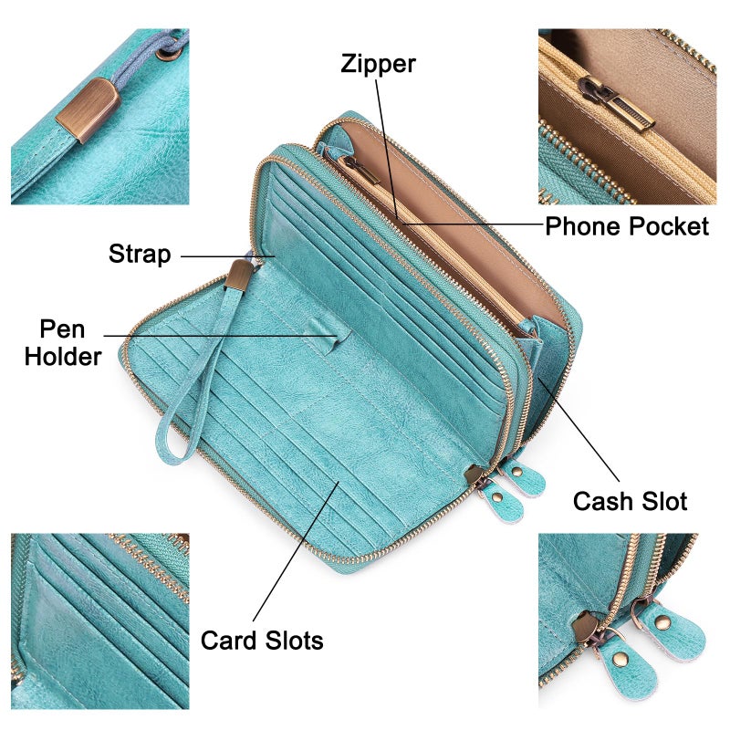 SENDEFN Leather Women Wallet RFID Blocking Zipper Around Phone Holder Clutch Wristlet Large Capacity - Image 3