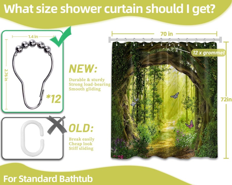 QGHOT Spring Enchanted Forest Shower Curtains for Bathroom Green Tree Nature Mountain Shower Curtain Sets Unique Decorative Bath Decor, Waterproof Cloth Fabric with Hooks 70x72 inch - Image 4