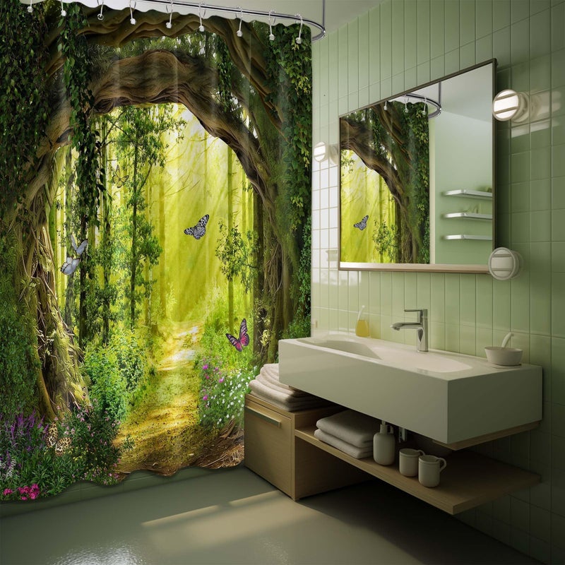 QGHOT Spring Enchanted Forest Shower Curtains for Bathroom Green Tree Nature Mountain Shower Curtain Sets Unique Decorative Bath Decor, Waterproof Cloth Fabric with Hooks 70x72 inch - Image 3