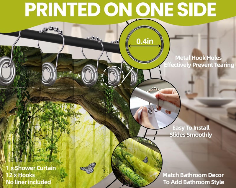 QGHOT Spring Enchanted Forest Shower Curtains for Bathroom Green Tree Nature Mountain Shower Curtain Sets Unique Decorative Bath Decor, Waterproof Cloth Fabric with Hooks 70x72 inch - Image 5