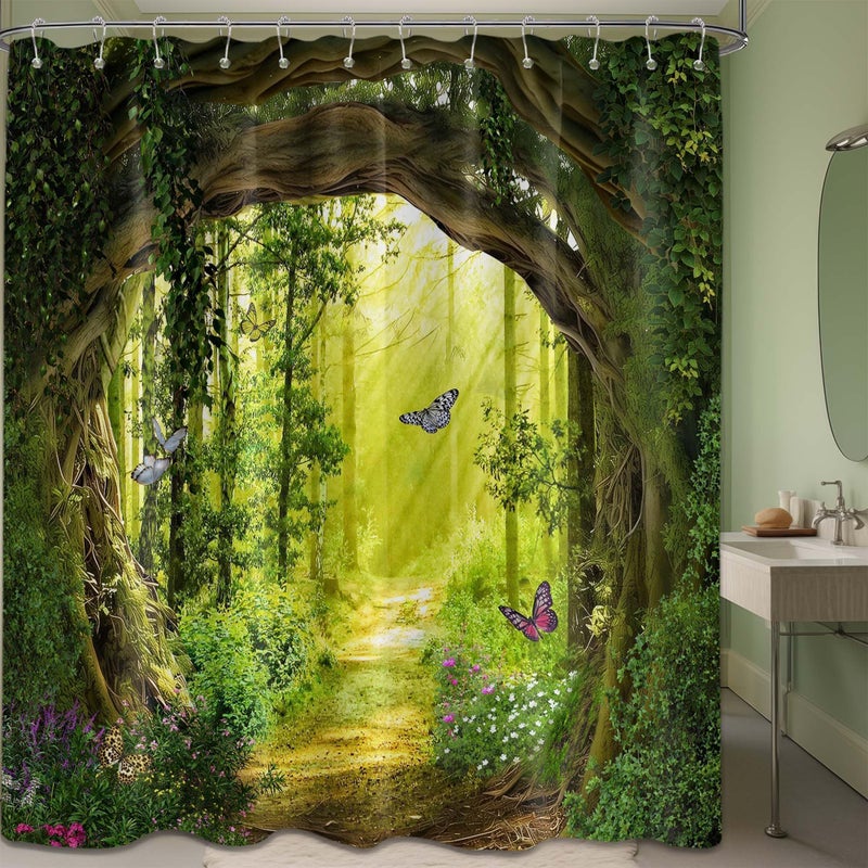QGHOT Spring Enchanted Forest Shower Curtains for Bathroom Green Tree Nature Mountain Shower Curtain Sets Unique Decorative Bath Decor, Waterproof Cloth Fabric with Hooks 70x72 inch - Image 1
