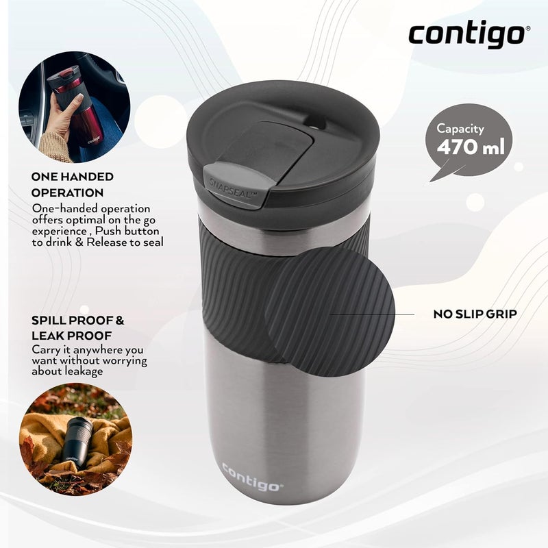 Contigo كوب السفر بايرون سناب سيل - كوب قهوة معزول من الفولاذ المقاوم للصدأ مع غطاء مانع للتسرب، 470 مل زجاجة حرارية للسوائل الساخنة والباردة - Image 3