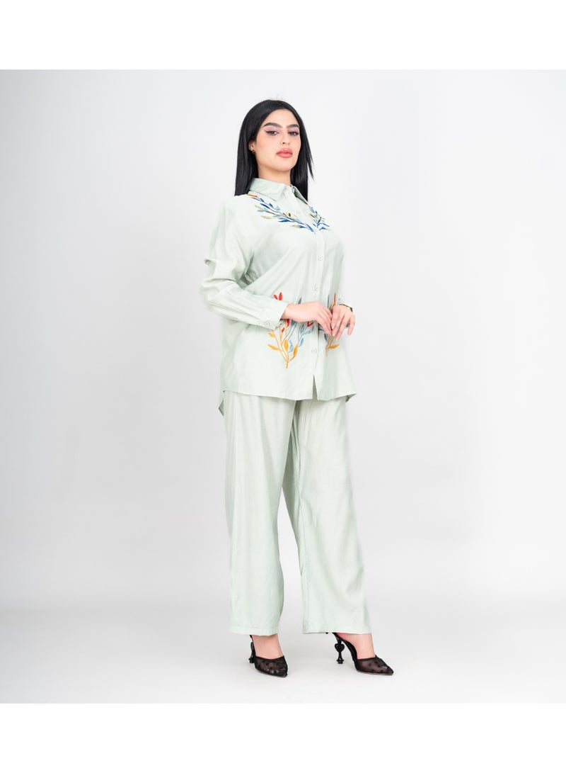 IKKXA Modern Two-Piece Outfit Soild Shirt and Pants Colorful Embroidery Details IK482 Green - Image 3