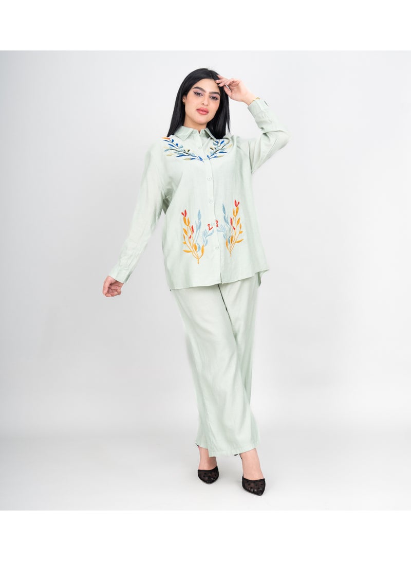 IKKXA Modern Two-Piece Outfit Soild Shirt and Pants Colorful Embroidery Details IK482 Green - Image 1