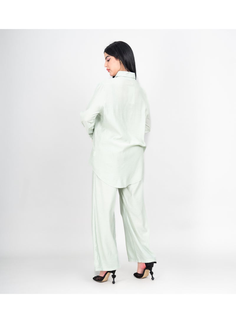 IKKXA Modern Two-Piece Outfit Soild Shirt and Pants Colorful Embroidery Details IK482 Green - Image 4