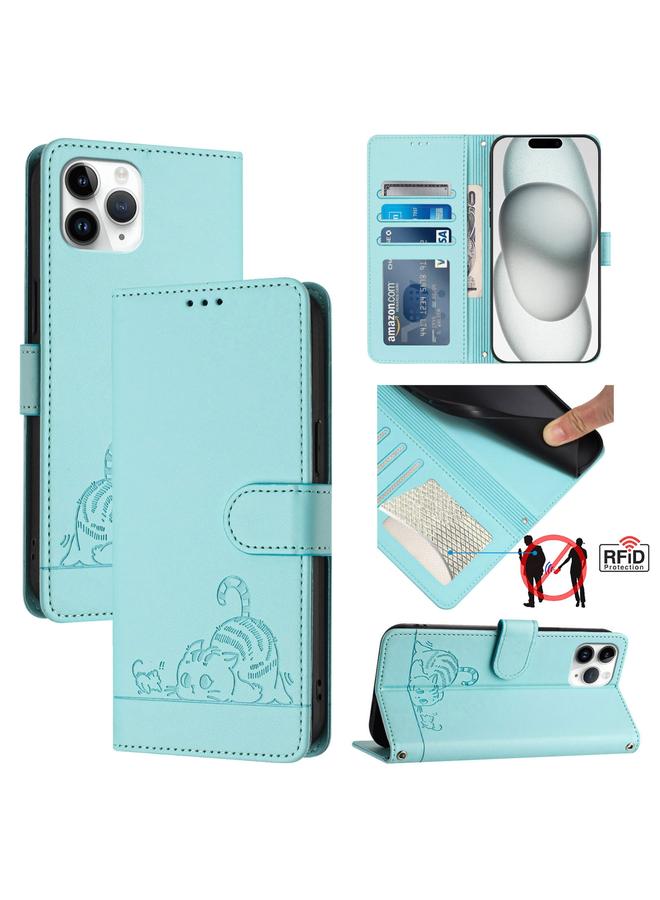 Zaboon Case For iPhone 11 Pro Cat Rat Embossed Pattern RFID PU Phone Case with Wrist Strap - Image 1