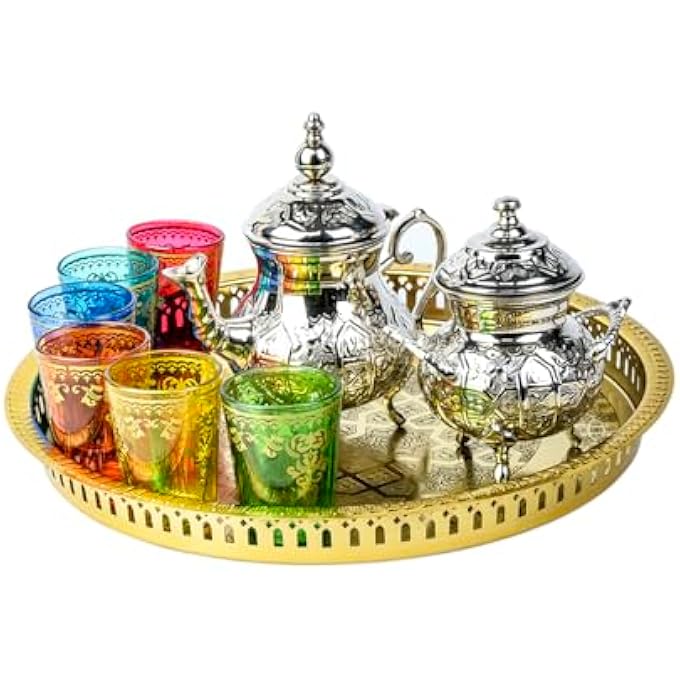 ريحني طقم شاي نحاسي مراكي من العروة مع صينية ذهبية مكونة من 9 قطع إبريق شاي تقليدي مصنوع يدويا لمراسم الشاي المغربي الأصيل - Image 1