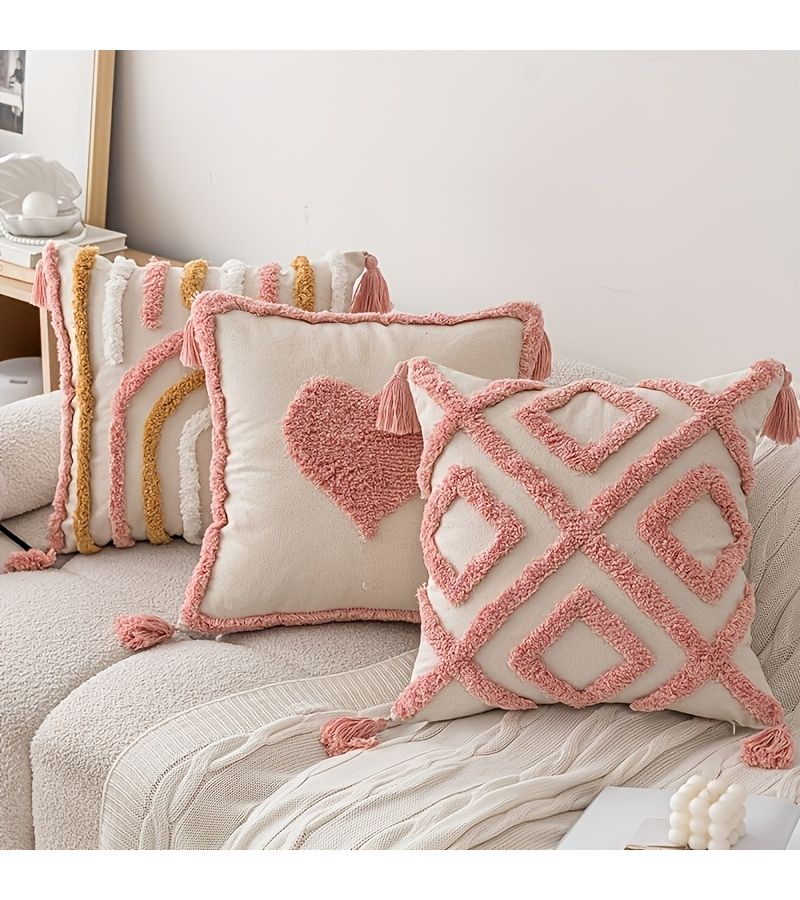 Two Geometric Pink Heart Embroidered Tufted Pillowcases With Tassel Zipper - Image 2