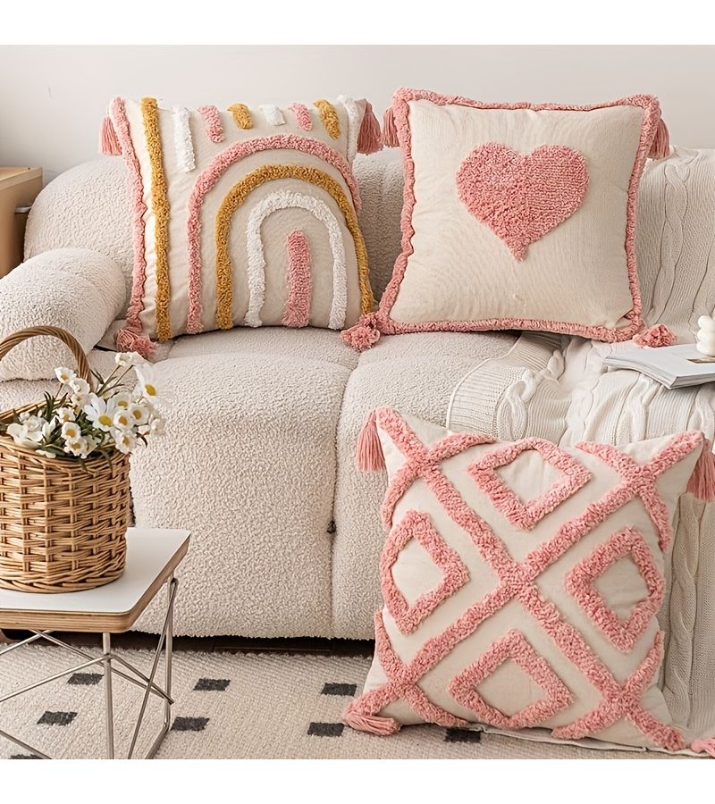 Two Geometric Pink Heart Embroidered Tufted Pillowcases With Tassel Zipper - Image 1