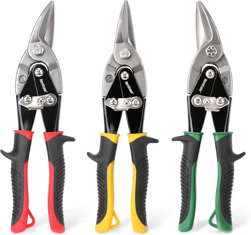 Hurricane 3 pc Aviation Tin Snips Set, 10 inch Metal Cutter Shears for Cutting Sheet Metal, Cr-V Blades, Straight Left and Right Aviation Snips, with Ergonomical TyreGrip Handle and Safety Latch - Image 1
