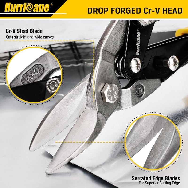 Hurricane 3 pc Aviation Tin Snips Set, 10 inch Metal Cutter Shears for Cutting Sheet Metal, Cr-V Blades, Straight Left and Right Aviation Snips, with Ergonomical TyreGrip Handle and Safety Latch - Image 5