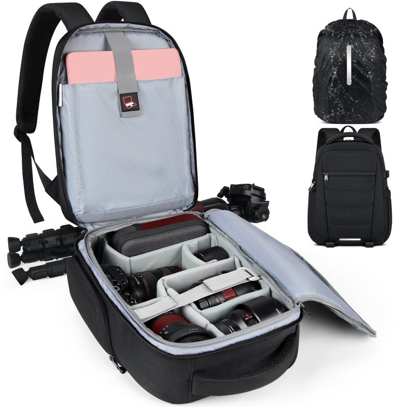 SDYSM Camera Bag Backpack Professional for DSLR SLR Mirrorless Camera Waterproof Laptop Back Pack 14 Inch with Rain Cover Anti Theft Travel Case Large Capacity Photography Backpack Black - Image 1