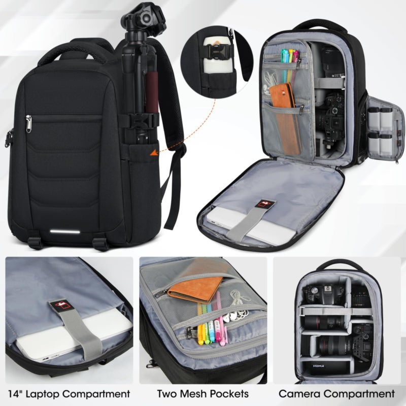 SDYSM Camera Bag Backpack Professional for DSLR SLR Mirrorless Camera Waterproof Laptop Back Pack 14 Inch with Rain Cover Anti Theft Travel Case Large Capacity Photography Backpack Black - Image 2