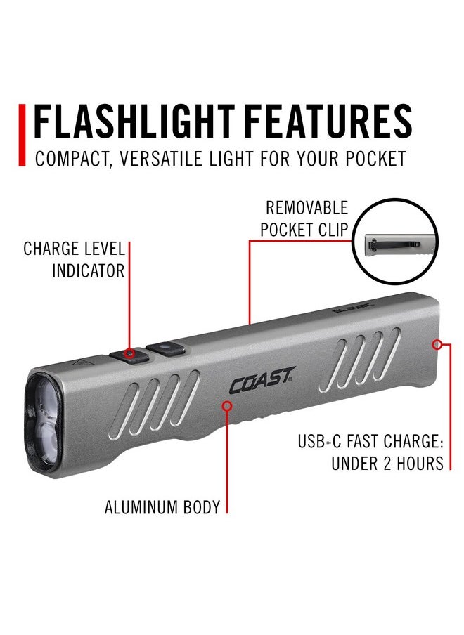 Coast Coast Slayer 1150 Lumen USB-C Rechargeable LED Flashlight with Spot/Flood, Memory Mode and Pocket Clip, Silver  - Image 2