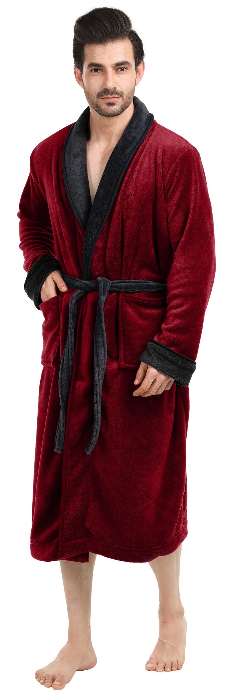 NY Threads Luxurious Mens Shawl Collar Fleece Bathrobe Long Spa Robe SmallMedium Burgundy Black