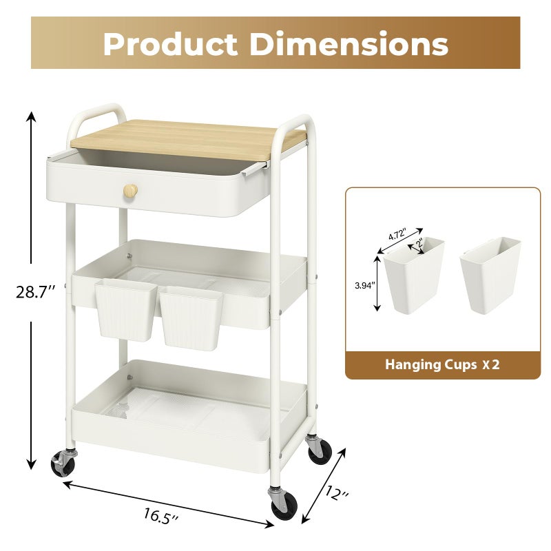 danpinera 3 Tier Rolling Cart with Wooden Table Top, White Rolling Utility Cart with Drawer & Locked Wheels, Easy Assembly for Nursery, Living Room, Studio - Image 2