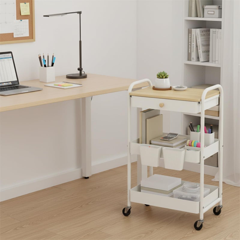 danpinera 3 Tier Rolling Cart with Wooden Table Top, White Rolling Utility Cart with Drawer & Locked Wheels, Easy Assembly for Nursery, Living Room, Studio - Image 5