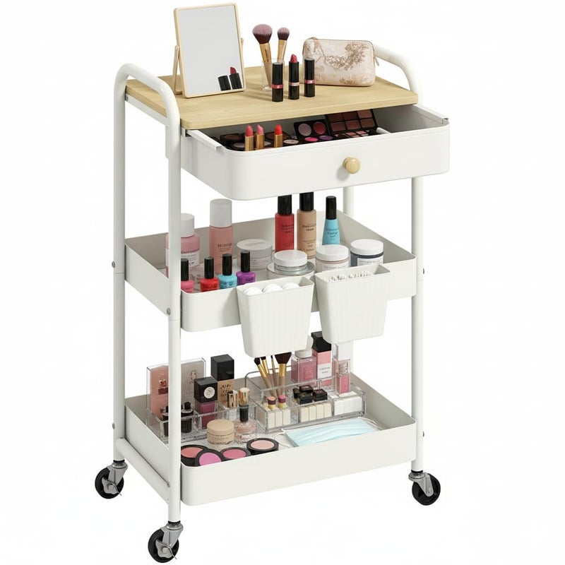 danpinera 3 Tier Rolling Cart with Wooden Table Top, White Rolling Utility Cart with Drawer & Locked Wheels, Easy Assembly for Nursery, Living Room, Studio - Image 1