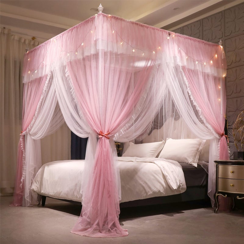 VETHIN 4 Corners Post Ruffle Princess Bed Canopy CurtainDouble Layer Cozy Drape Netting 4 Opening Mosquito Net for Girls Adults Bedroom Decoration PinkWhtie59 W82 L82HQueen