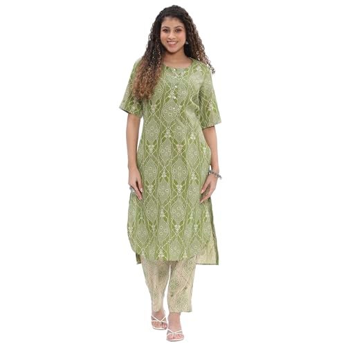 BIBA Women Lime Viscose Blend Straight Printed Fusion Set_38 - Image 1