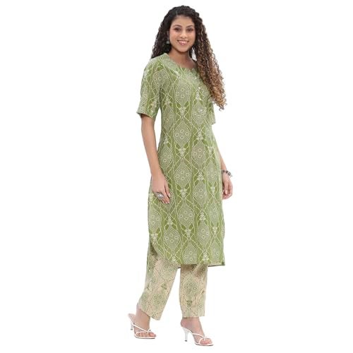 BIBA Women Lime Viscose Blend Straight Printed Fusion Set_38 - Image 3