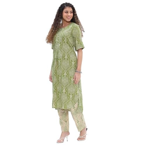 BIBA Women Lime Viscose Blend Straight Printed Fusion Set_38 - Image 2