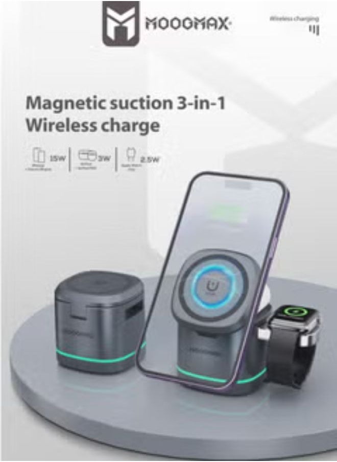 MOOGMAX 3-in-1 wireless charger with magnetic suction - charges Apple Watch, 2.5W for wireless earbuds, portable power station, wireless charging station, 15W for phones, 3W for watch base, phone charging base, iPhone charging base.  - Image 2