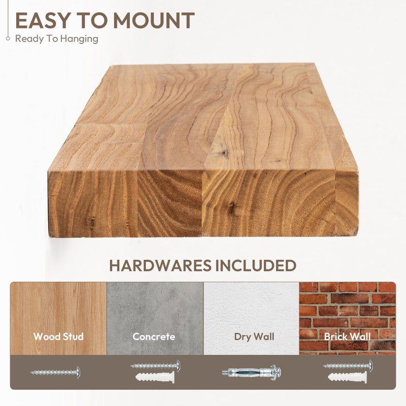 Marsmiles 24 inch Floating Shelves for Wall Solid Elm Wood Shelves|Rustic Wall Shelves with Invisible Heavy-Duty Bracket for Bathroom Living Room Kitchen|Natural, 2 Pack - Image 5