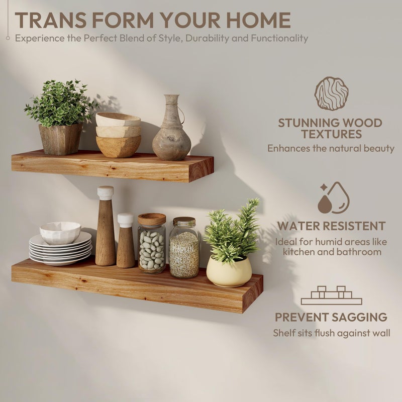 Marsmiles 24 inch Floating Shelves for Wall Solid Elm Wood Shelves|Rustic Wall Shelves with Invisible Heavy-Duty Bracket for Bathroom Living Room Kitchen|Natural, 2 Pack - Image 4