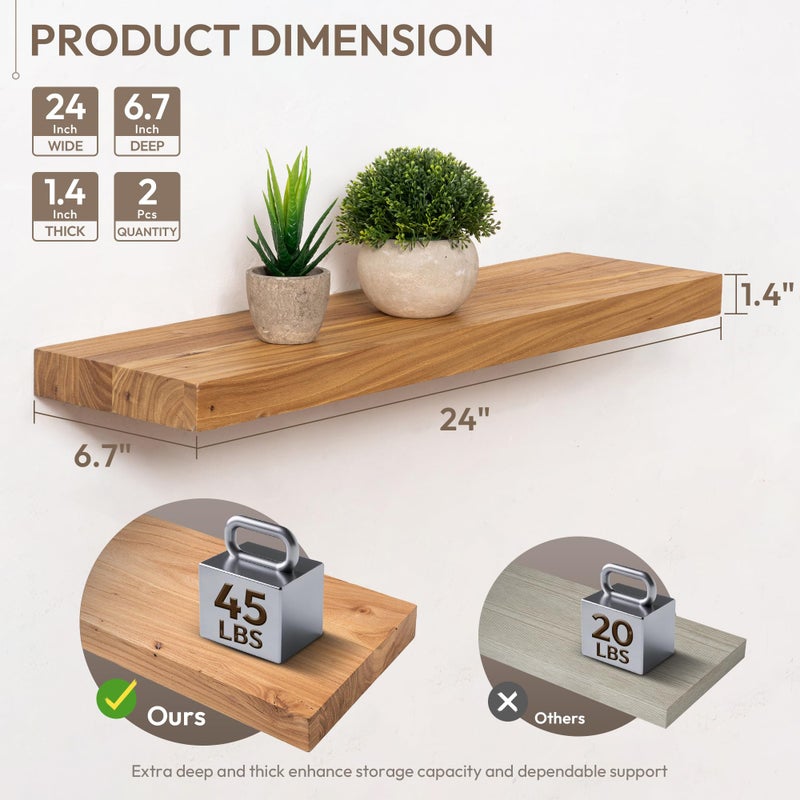 Marsmiles 24 inch Floating Shelves for Wall Solid Elm Wood Shelves|Rustic Wall Shelves with Invisible Heavy-Duty Bracket for Bathroom Living Room Kitchen|Natural, 2 Pack - Image 2