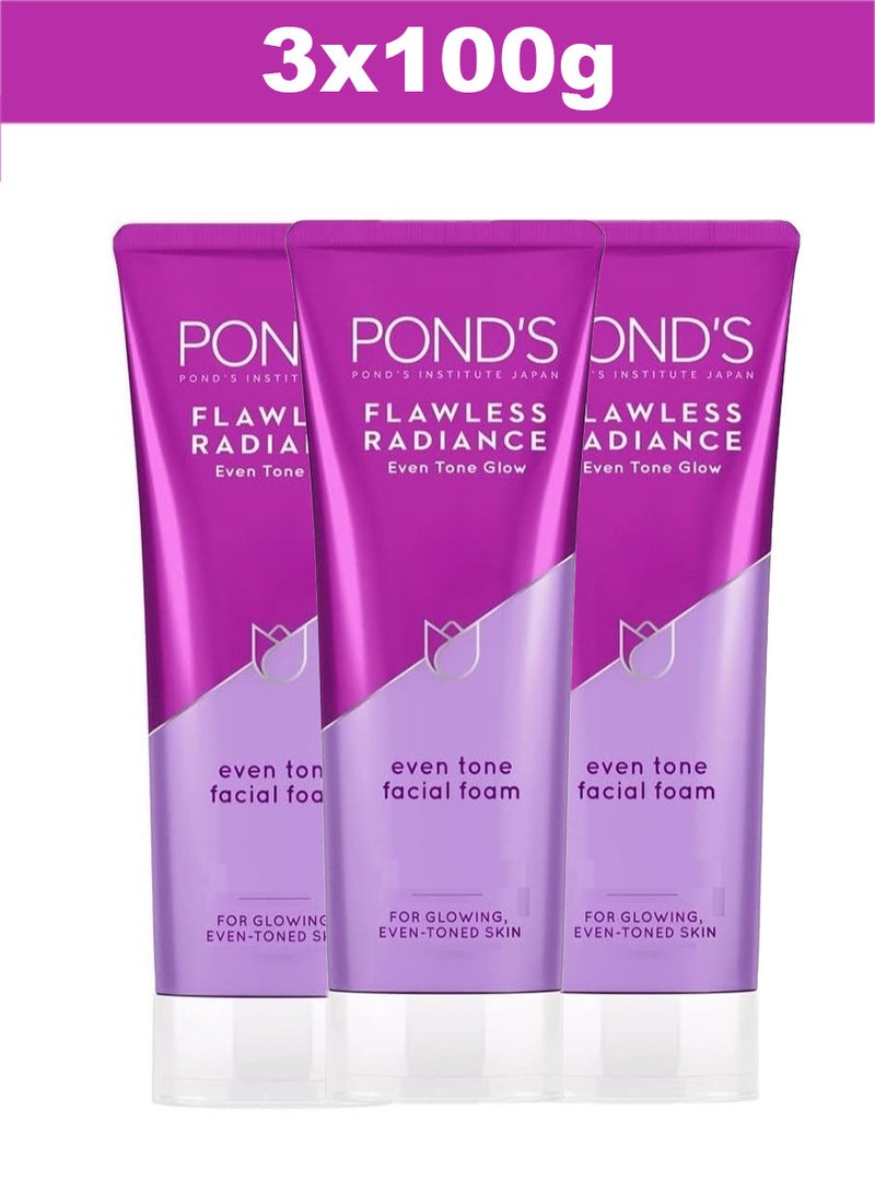 Pond's Flawless Radiance Facial Foam Cleansing and Exfoliating with Niacinamide and Vitamin E, Even-tone Glow, gives Blemish-Free Skin, 100g x 3 - Image 1