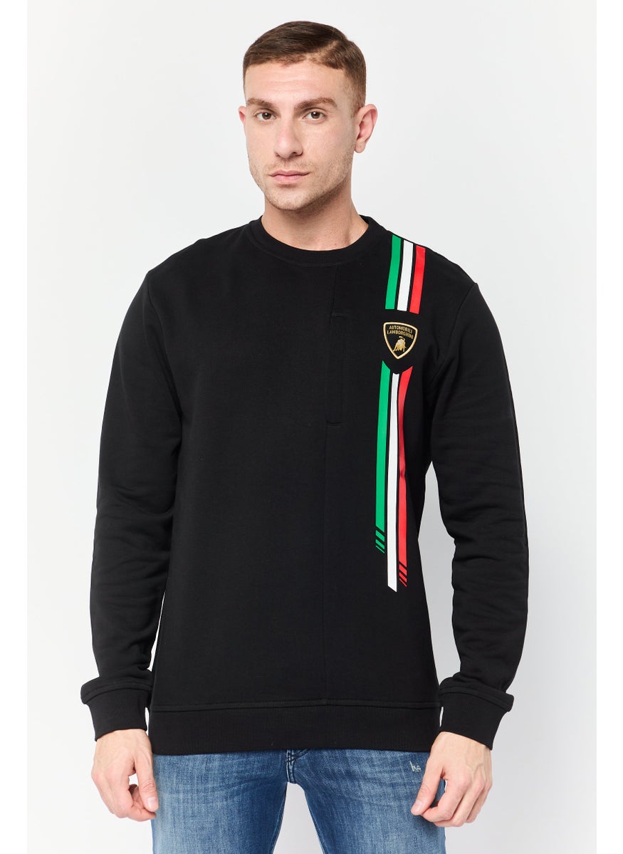 LAMBORGHINI Men Crew Neck Brand Logo Long Sleeves Sweatshirt, Black  - Image 1