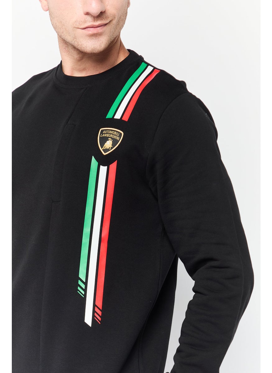LAMBORGHINI Men Crew Neck Brand Logo Long Sleeves Sweatshirt, Black  - Image 3