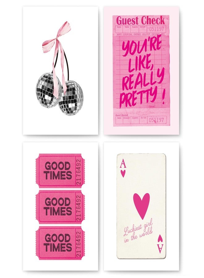 okaxscm Hot Pink Trendy Preppy Wall Art Prints Set of 4, Coquette Preppy Room Decor Aesthetic, Pink Room Wall Decor, Pink Cherry Disco Ball Wall Decor Posters for Girls Bedroom Dorm, 8x10 Unframed - Image 1