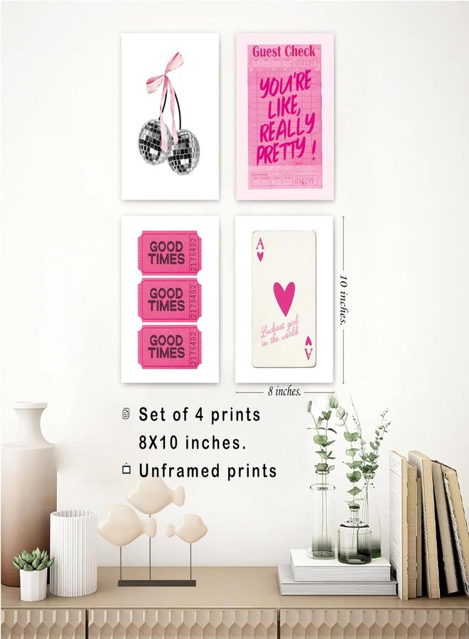 okaxscm Hot Pink Trendy Preppy Wall Art Prints Set of 4, Coquette Preppy Room Decor Aesthetic, Pink Room Wall Decor, Pink Cherry Disco Ball Wall Decor Posters for Girls Bedroom Dorm, 8x10 Unframed - Image 3