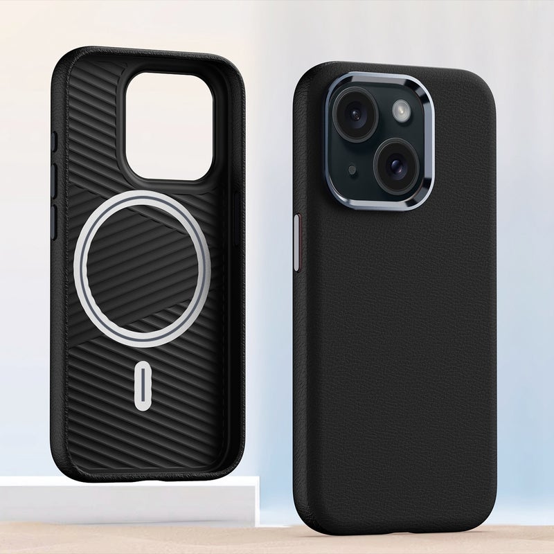 HuHa Protective Cover For iPhone 14 Plus Metal Lens Frame Leather Magsafe Full Coverage Shockproof Phone Case(Black) - Image 1