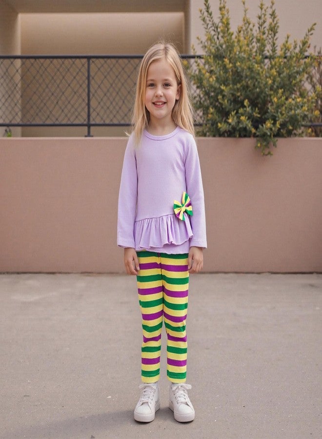 GOOCHEER Toddler Baby Girl Mardi Gras Outfit Long Sleeve Shirt Tunic Dress Top and Striped Pants Leggings Set (Purple, 3-4T) - Image 3