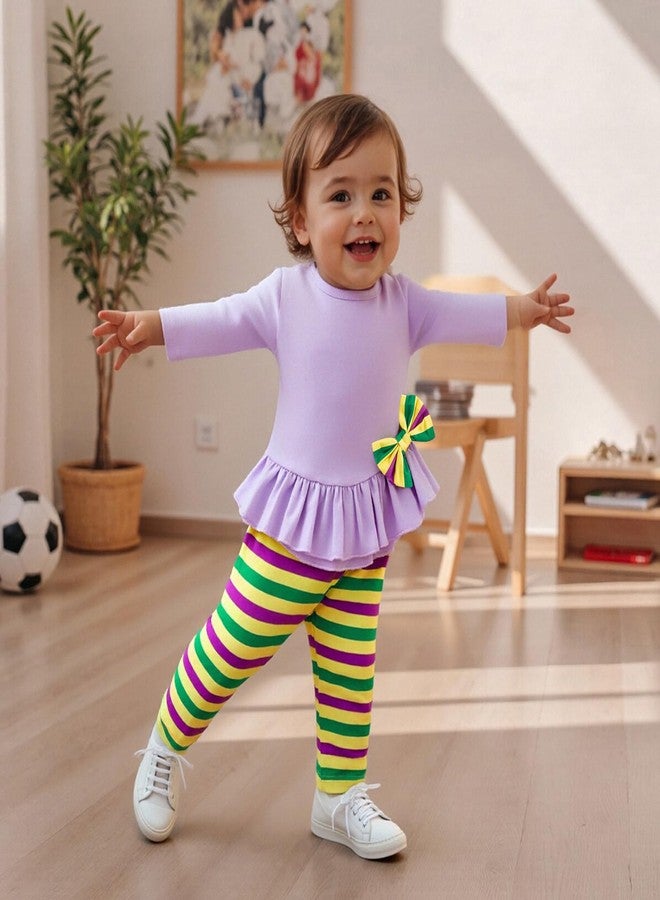 GOOCHEER Toddler Baby Girl Mardi Gras Outfit Long Sleeve Shirt Tunic Dress Top and Striped Pants Leggings Set (Purple, 3-4T) - Image 2